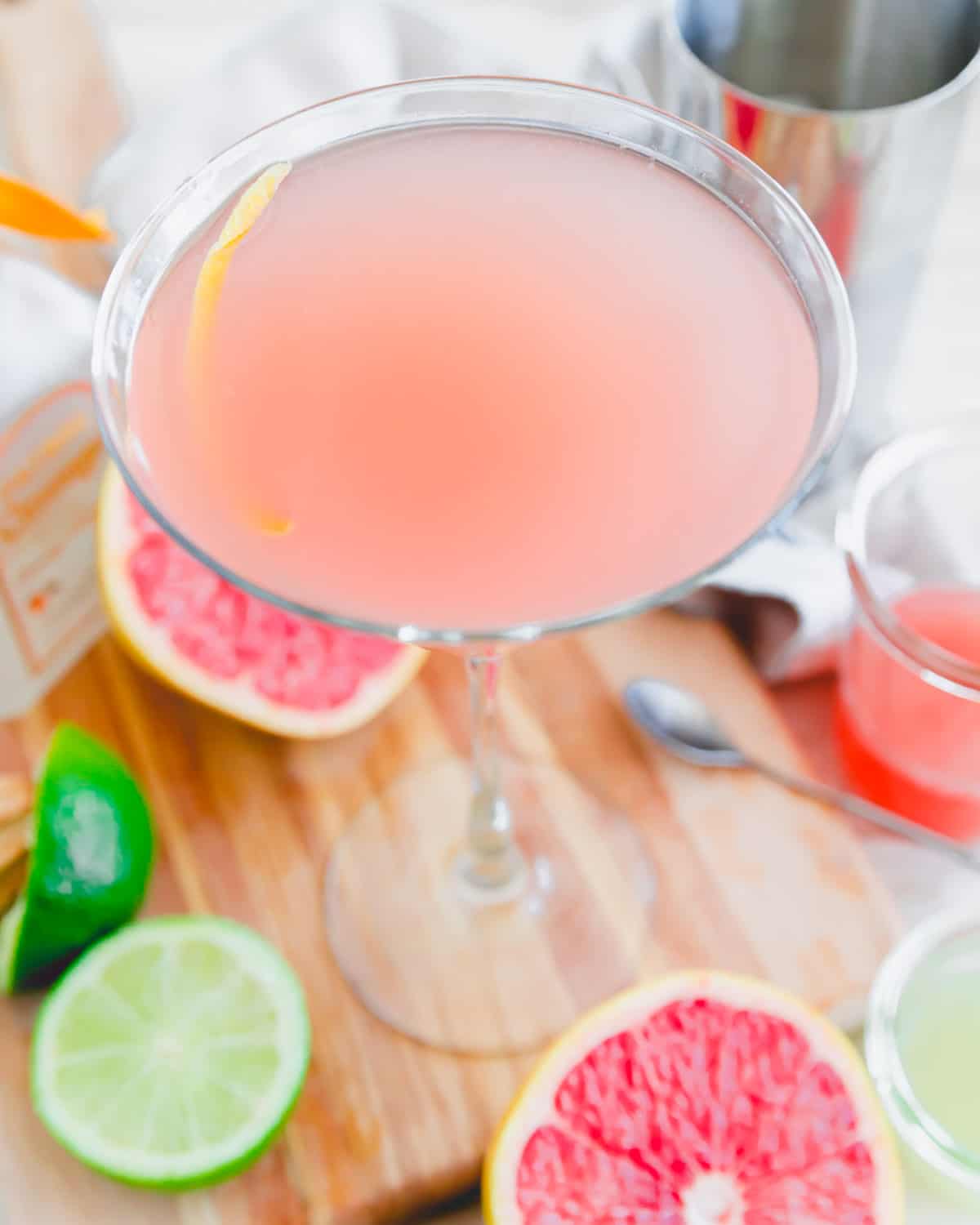 Grapefruit martini cocktail made with vodka and cointreau. 