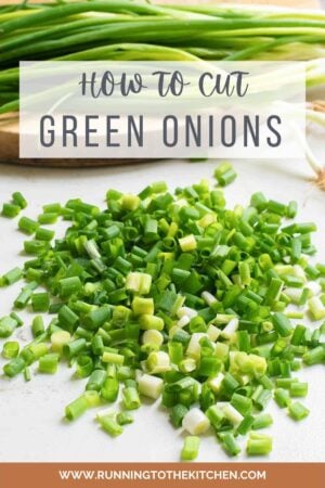 Chopped green onions with "how to cut green onions" text on image.