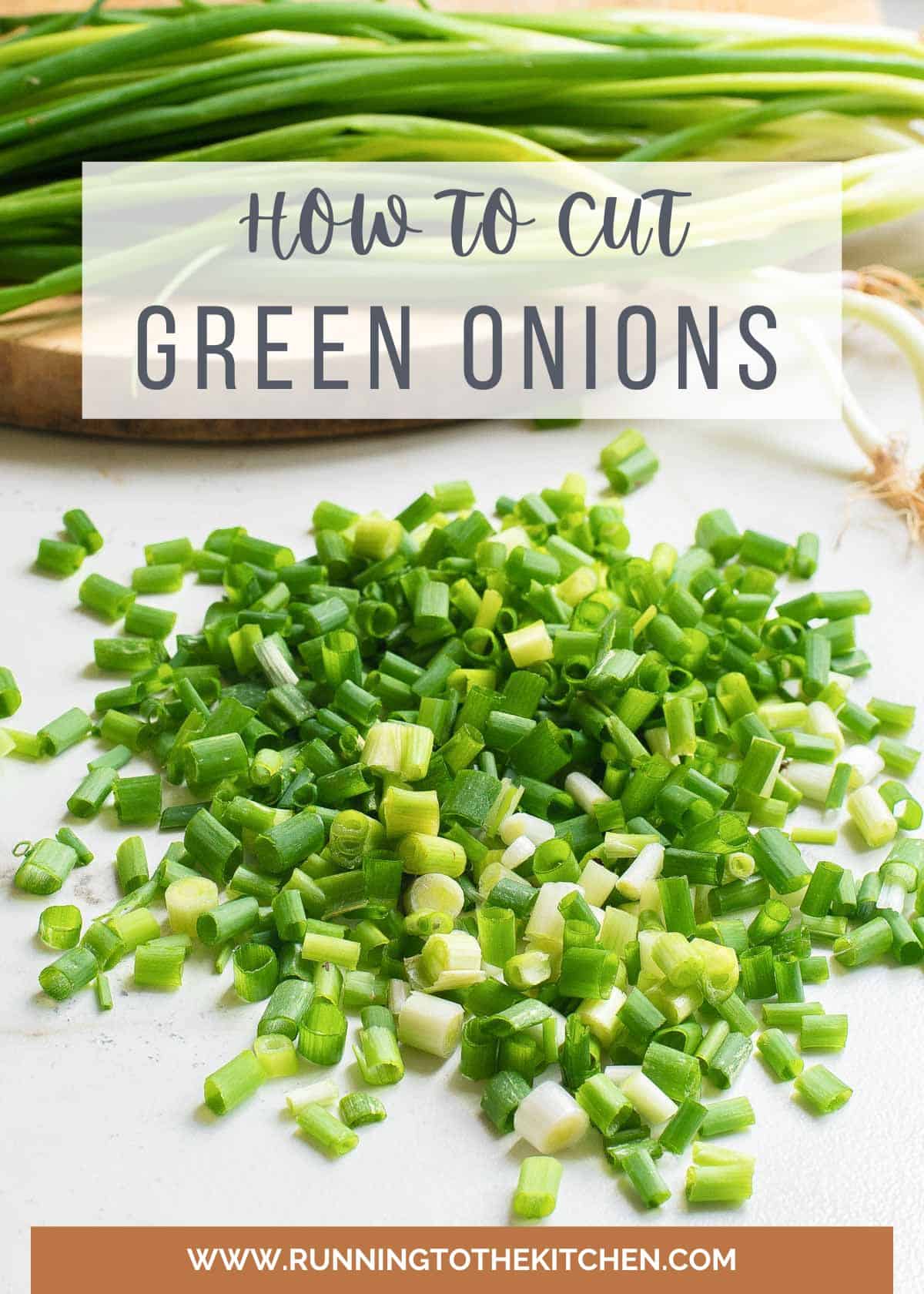 Chopped green onions with "how to cut green onions" text on image.