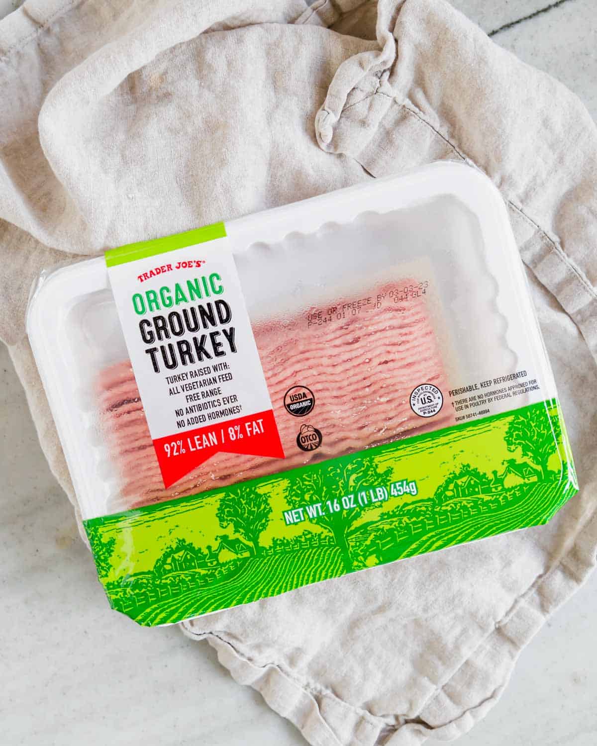 Package of Trader Joe's organic ground turkey.