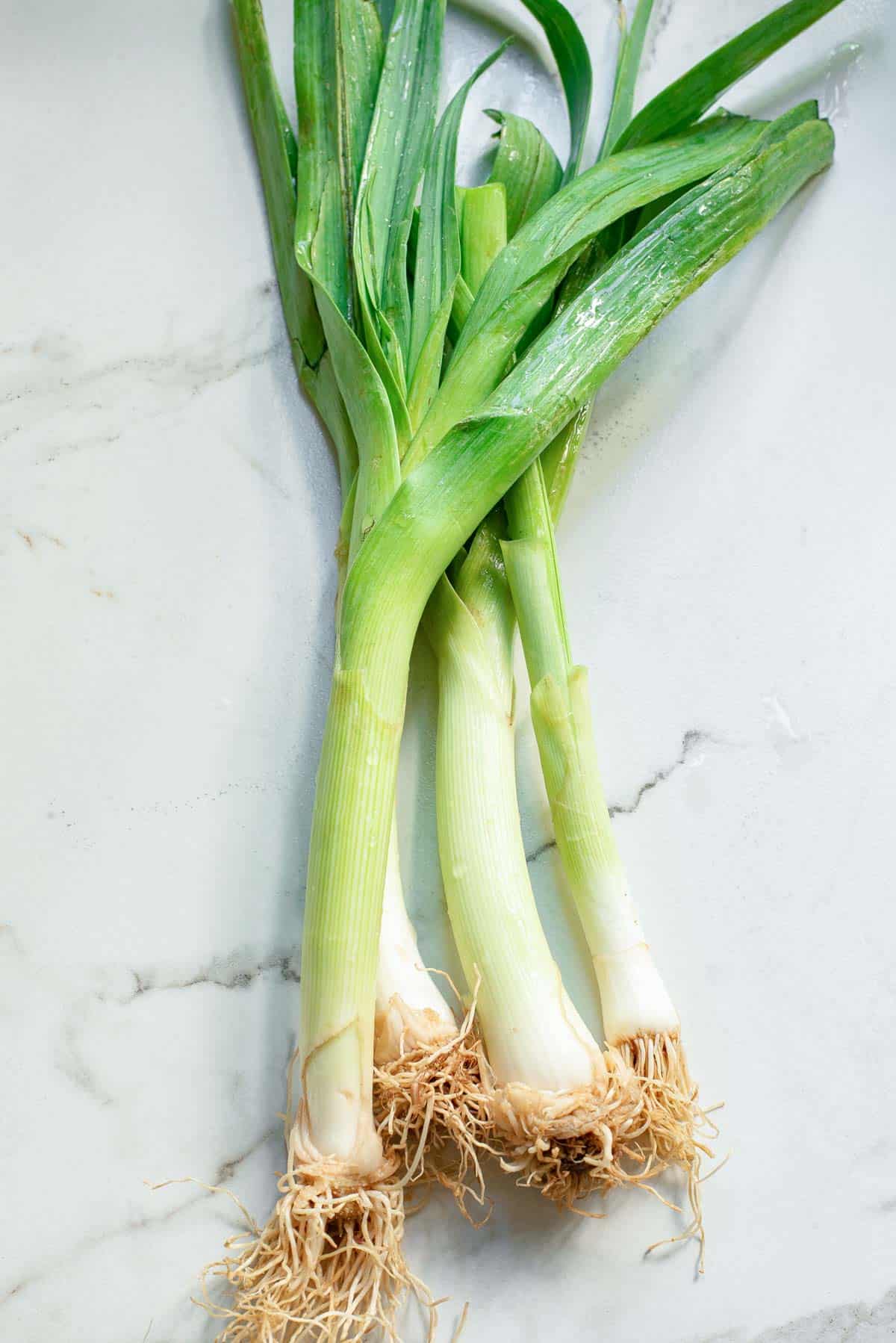 Four leeks on a white surface.