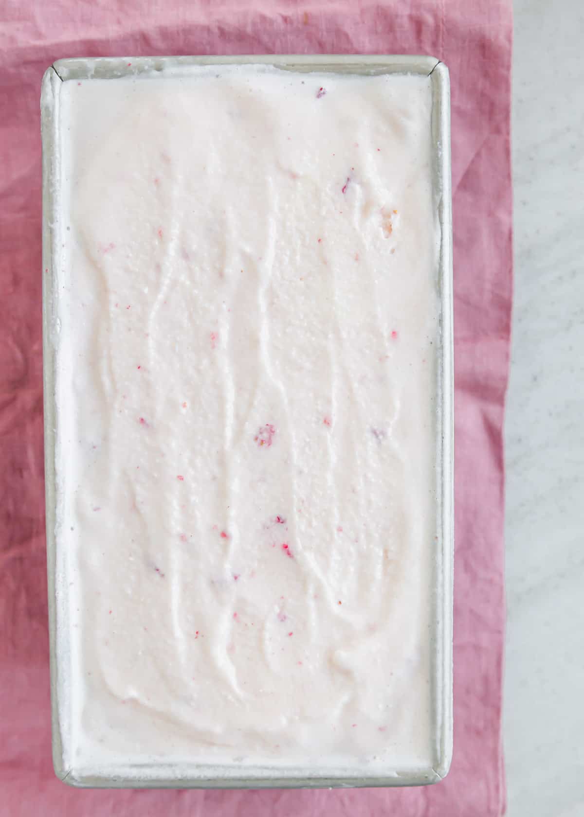 Kefir ice cream in a baking tin before freezing.