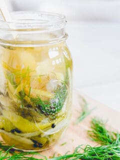 Pickled fennel in a glass jar.