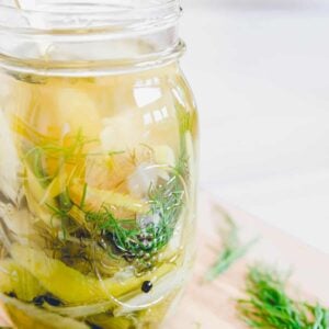 Pickled fennel in a glass jar.