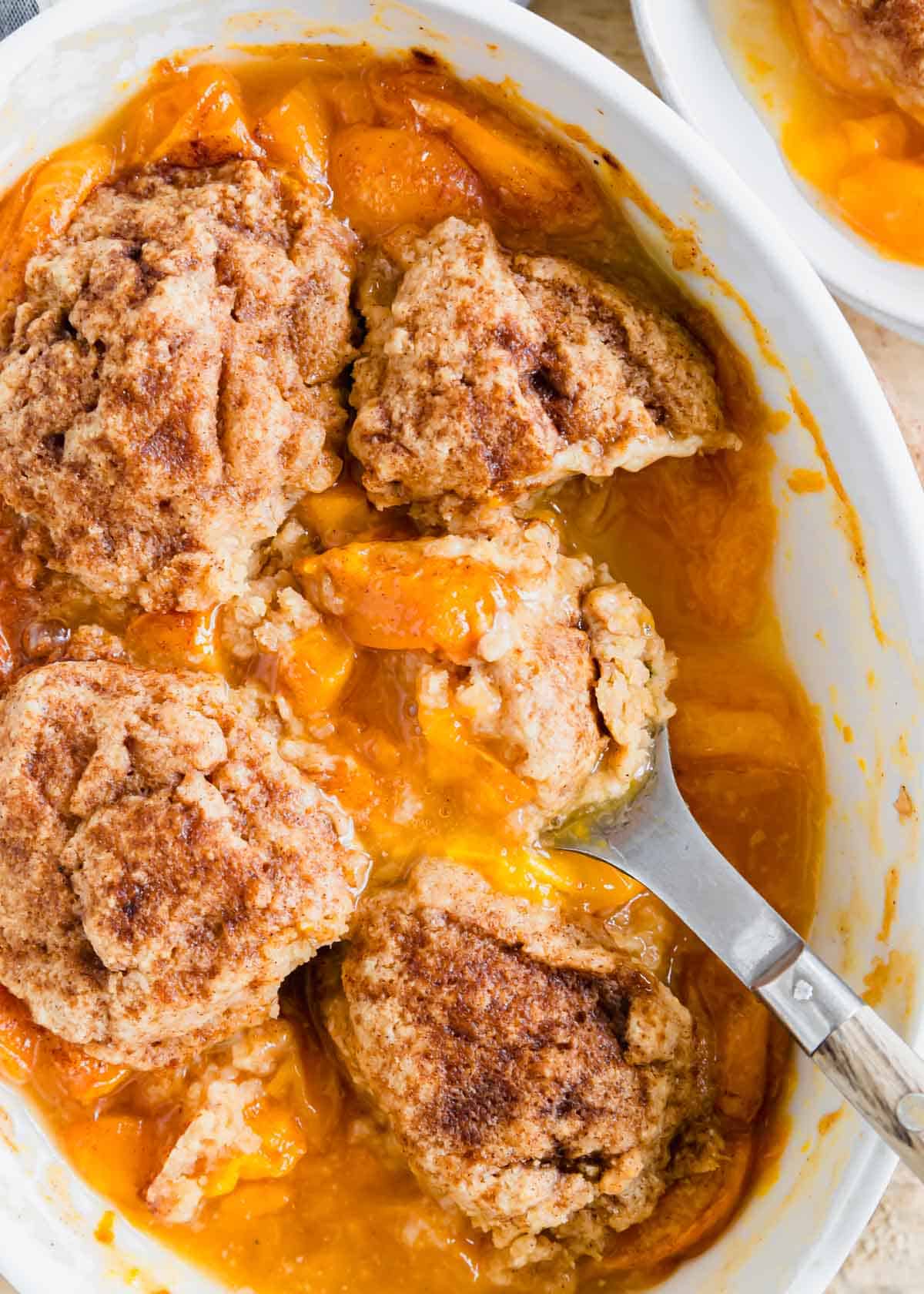 Baked apricot cobbler with a serving spoon in a white baking dish.