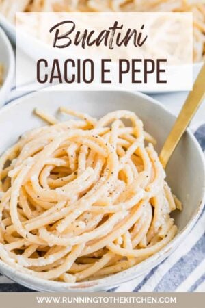 Bucatini cacio e pepe with text overlay.