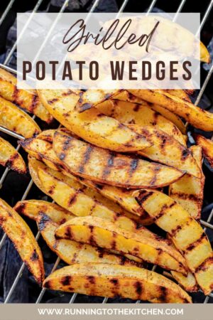 Grilled potato wedges on charcoal grill with text overlay.