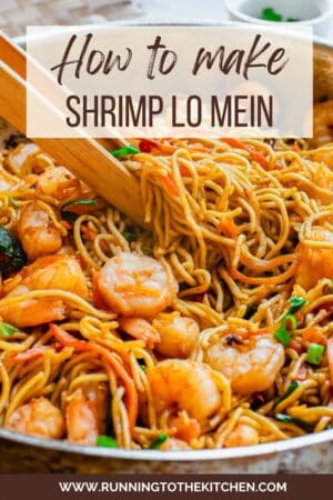 Shrimp lo mein in a wok with wooden tongs and text overlay.