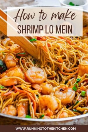 Shrimp lo mein in a wok with wooden tongs and text overlay.