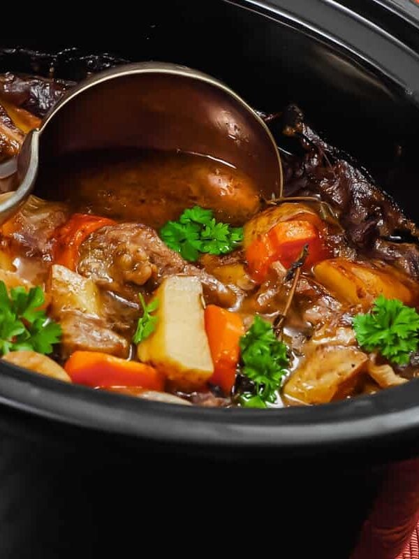 Slow cooker with beef stew and a ladle.