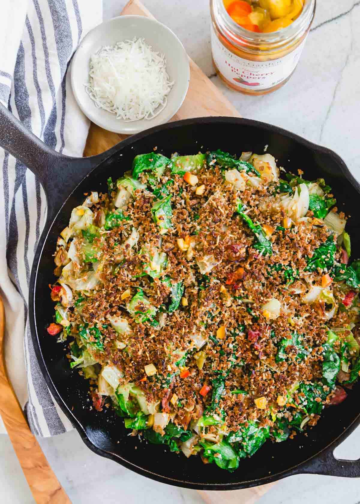 A cast iron skillet with Utica greens.