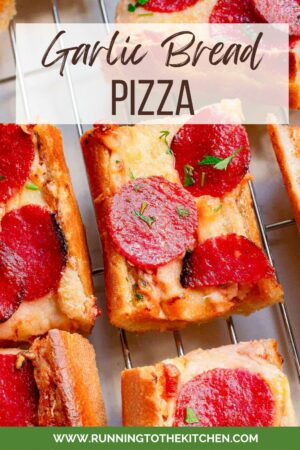 Garlic bread pizza with pepperoni slices on a cooling rack.