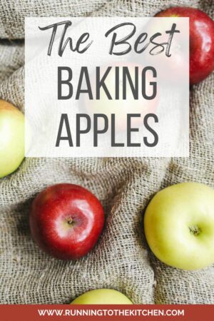 Apples on burlap with text: "the best baking apples".