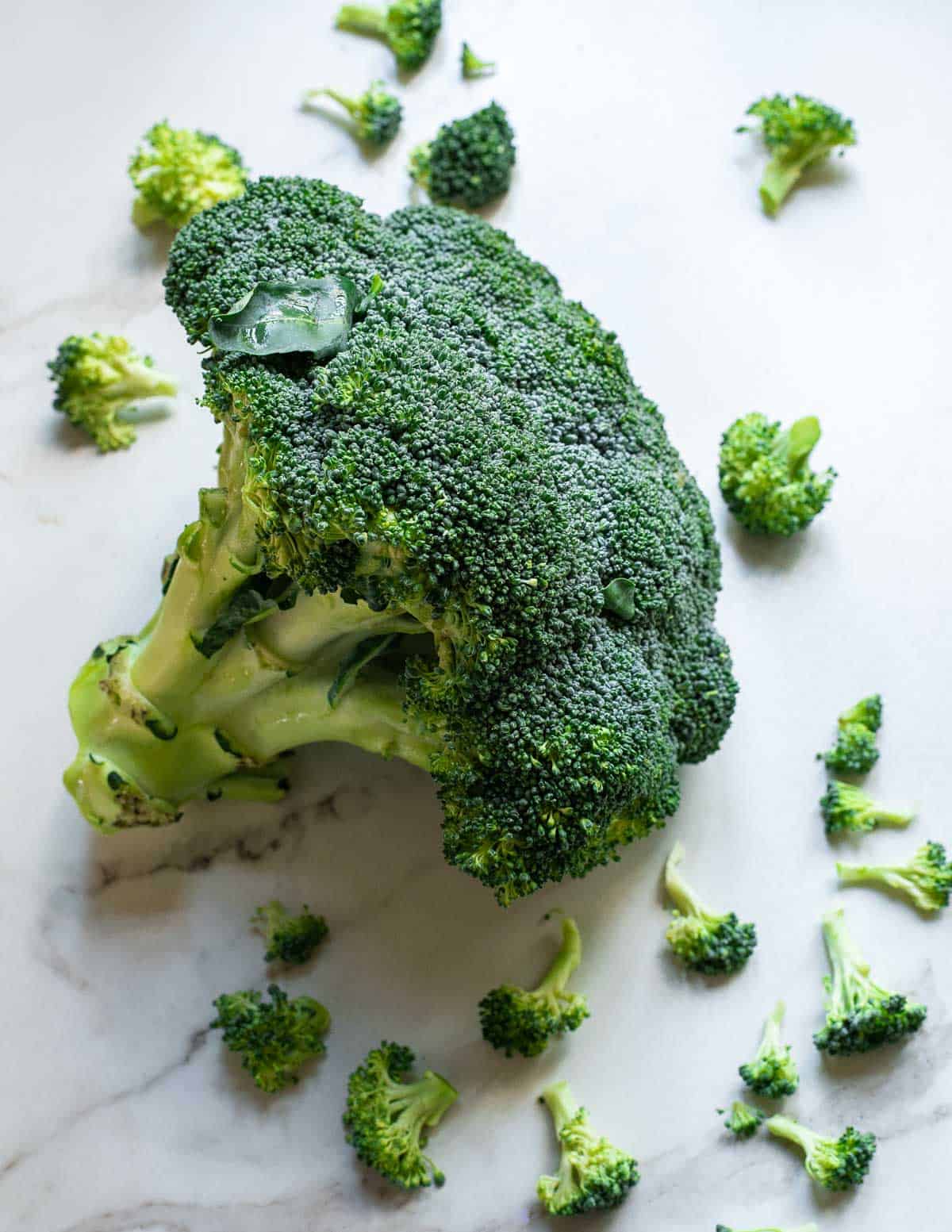 A large head of broccoli on a white surface.