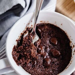 Close up of chocolate protein mug cake texture.