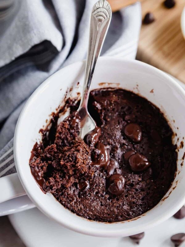 Close up of chocolate protein mug cake texture.