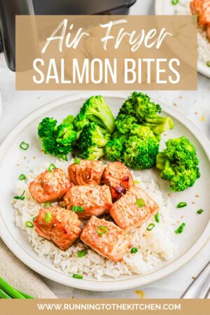 Air fryer salmon bites on a plate with broccoli and rice.
