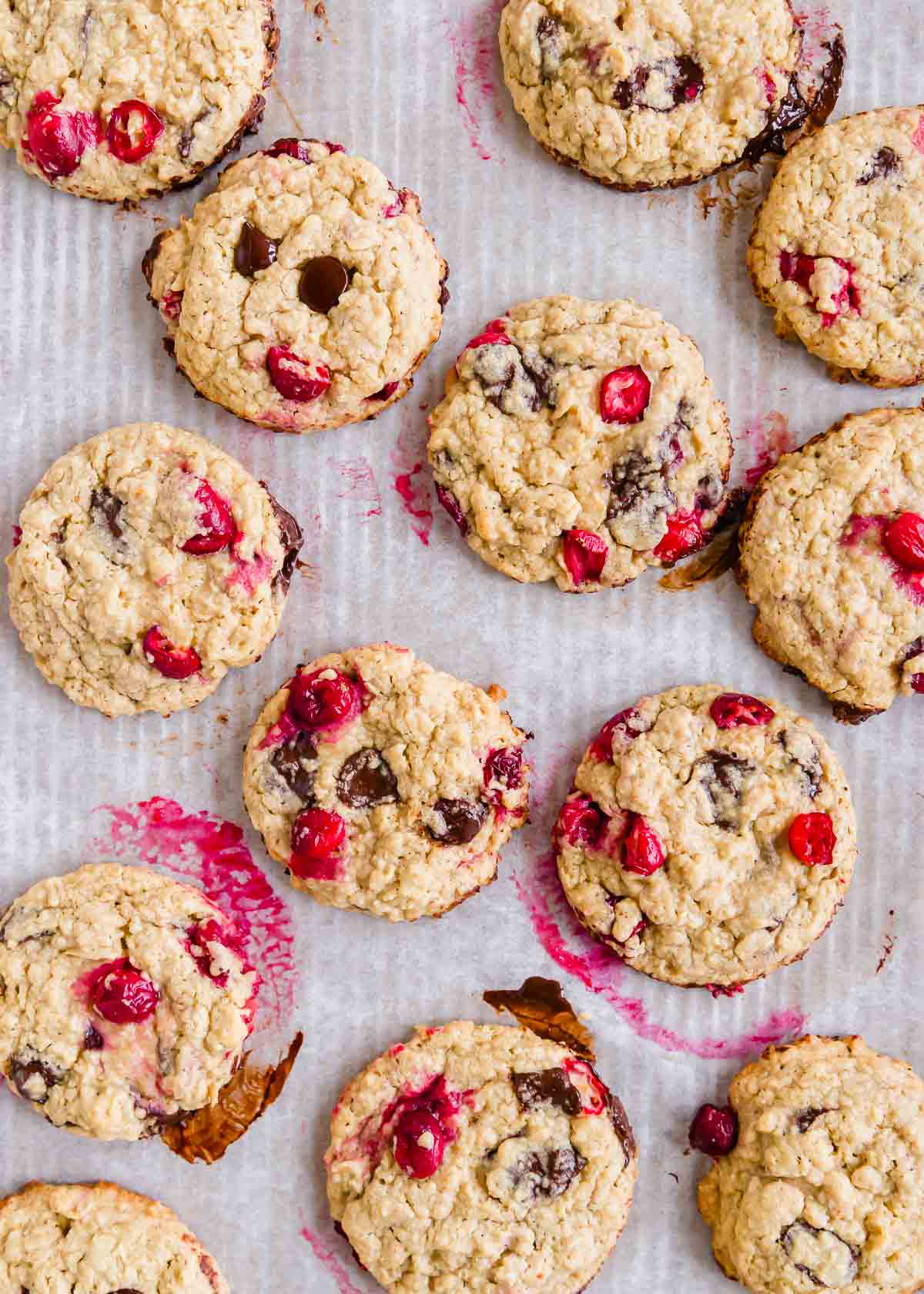 Baked cranberry chocolate chip cookies on a baking sheet.