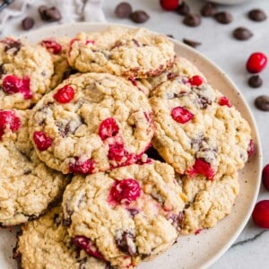 Cranberry oatmeal cookies on a plate with chocolate chips.