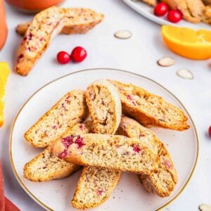 A small plate of cranberry almond orange biscotti.