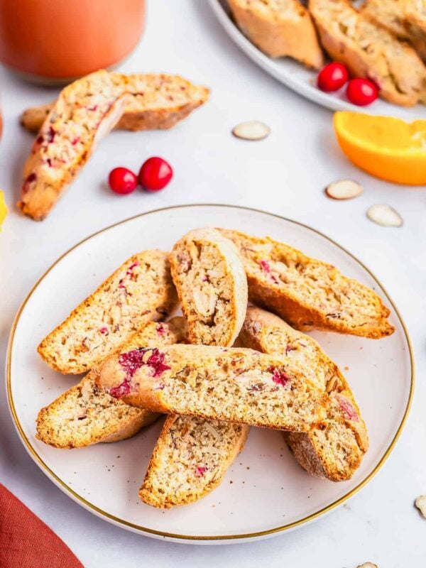 A small plate of cranberry almond orange biscotti.