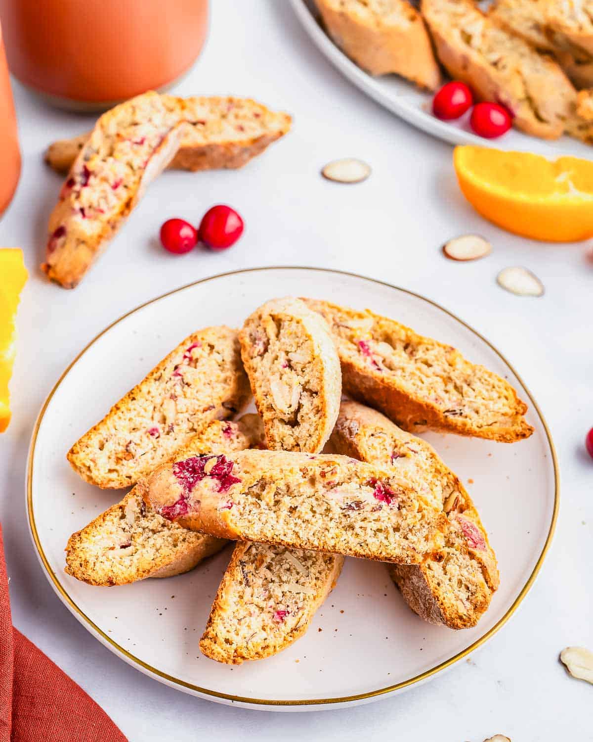 A small plate of cranberry almond orange biscotti.