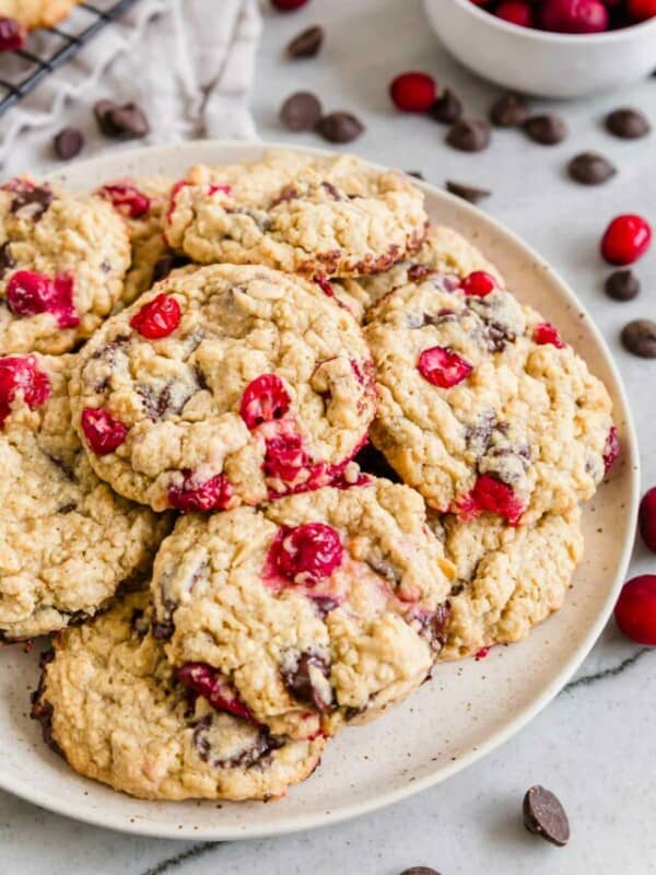 Cranberry chocolate chip cookies on a plate.