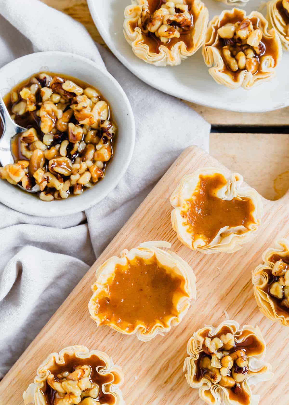 Overhead shot of pumpkin pie bites made with phyllo dough.