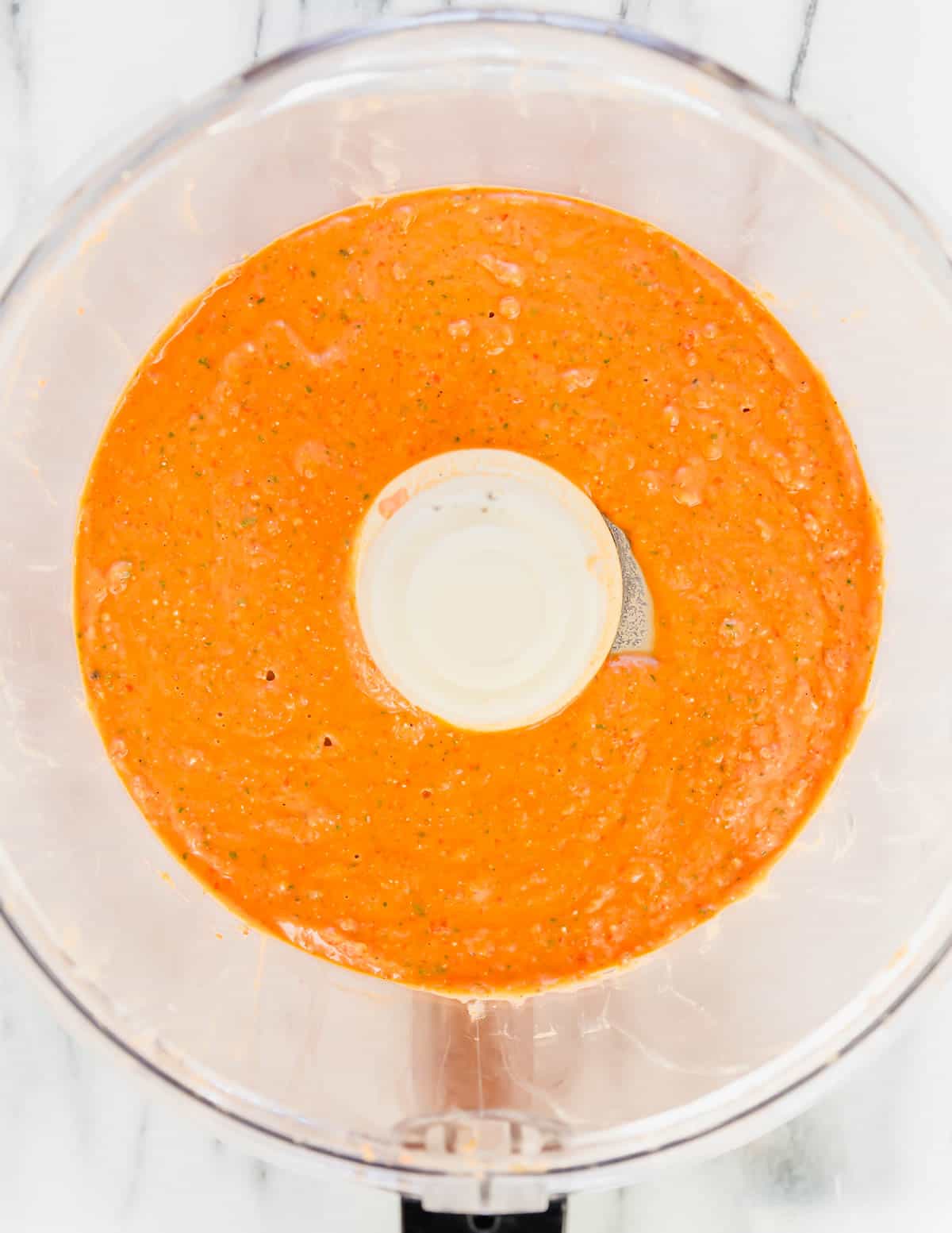 Roasted red pepper dip blended in a food processor.