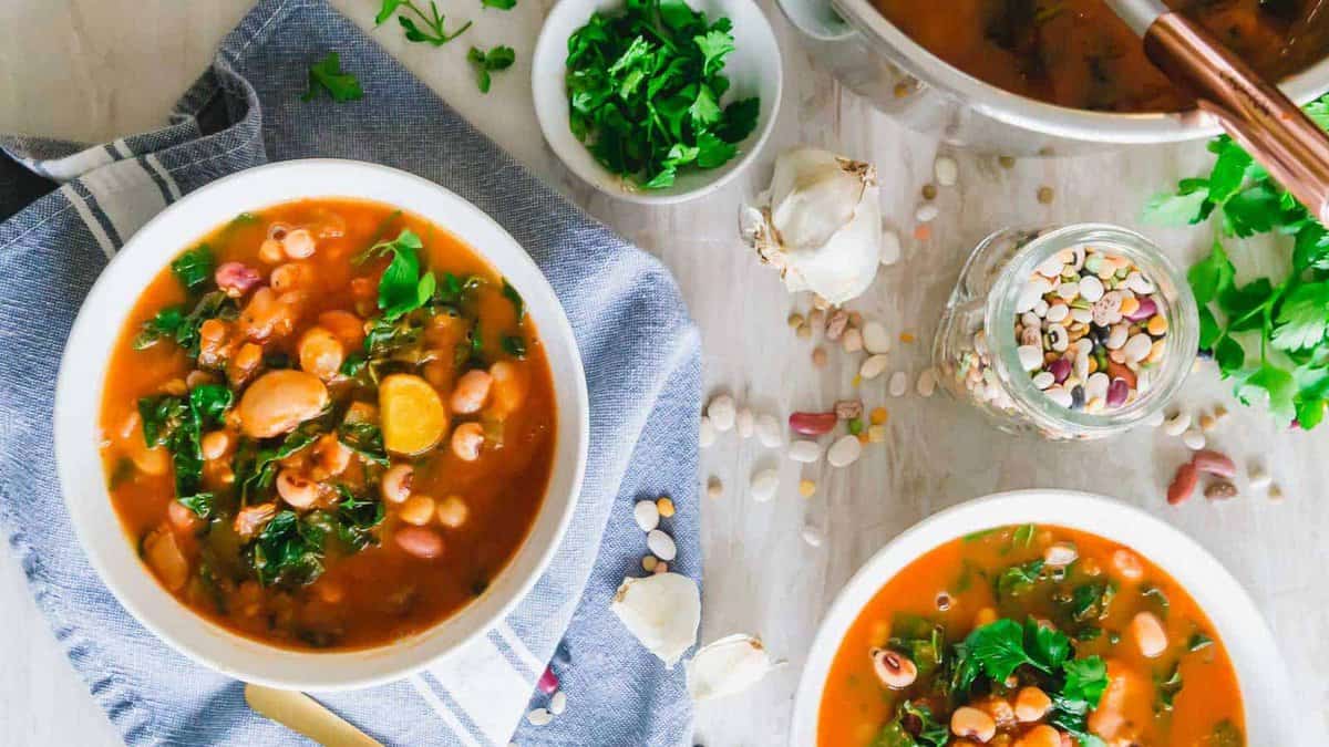 Instant Pot bean soup made with dried bean mix in bowls.