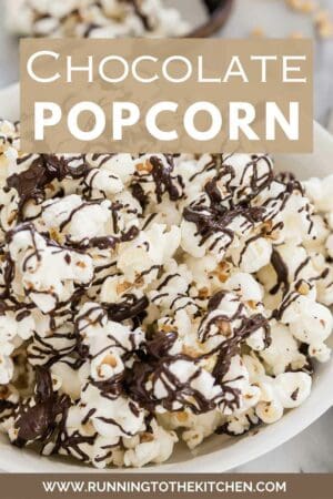 Chocolate popcorn in a white bowl.