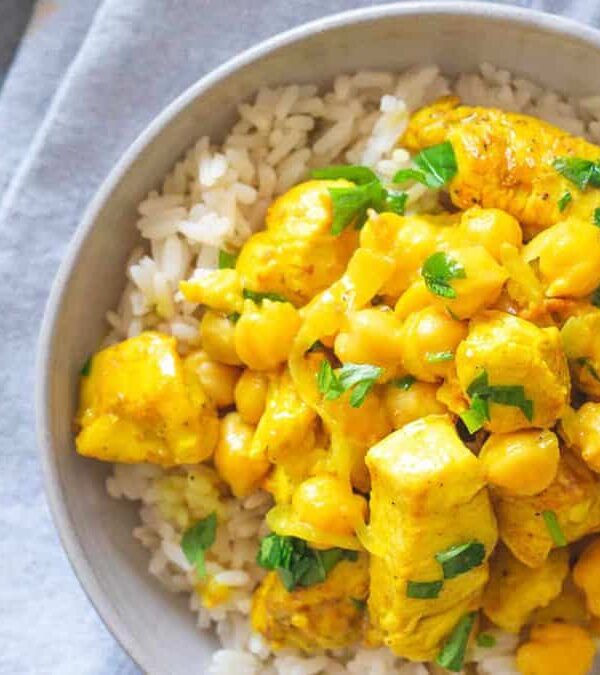 Chicken and chickpea curry with rice.