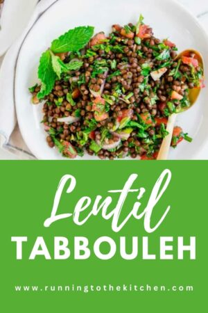 A plate of lentil tabbouleh on a white plate with the text lentil tabbouleh.
