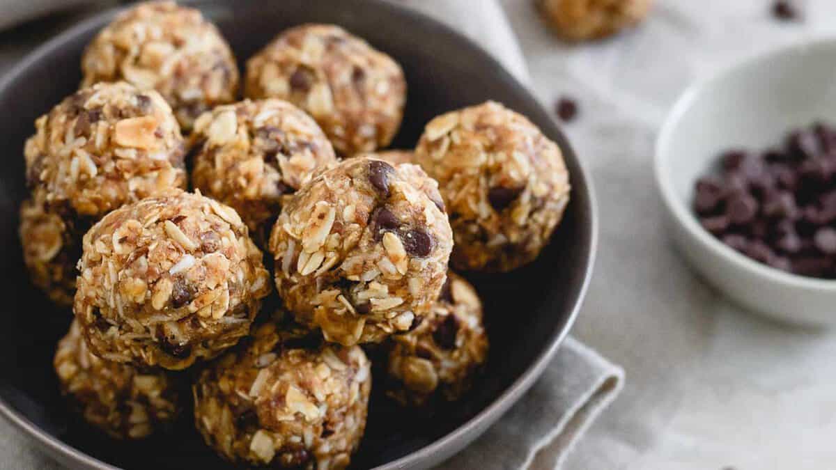 No bake peanut butter chocolate chip bites in a bowl.