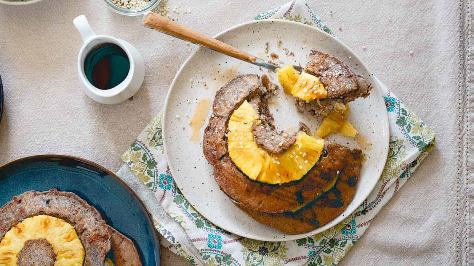 Buckwheat pancakes with pineapple rings.