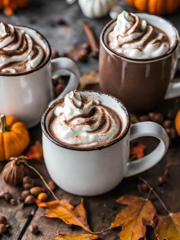 Three mugs of hot chocolate with whipped cream and pumpkins.