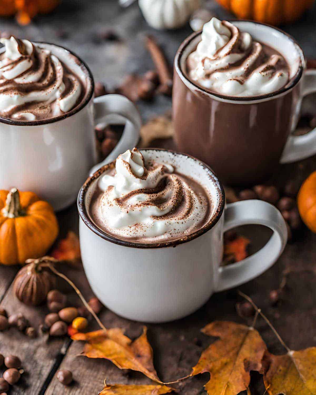 Three mugs of hot chocolate with whipped cream and pumpkins.