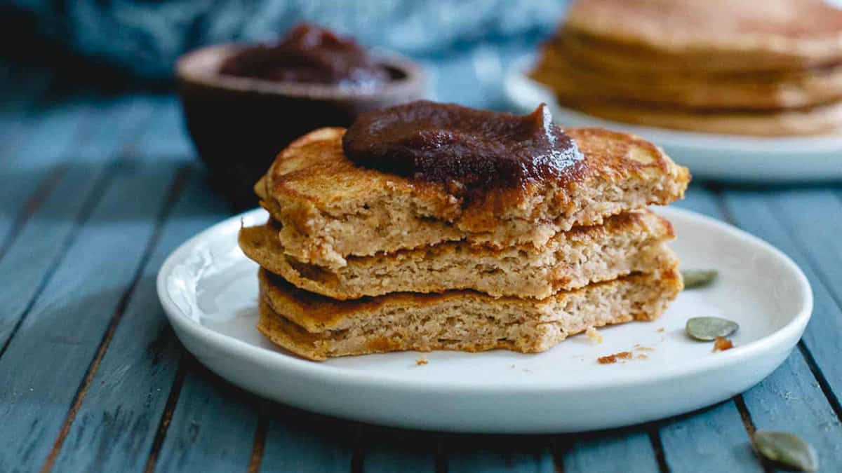 Pumpkin pancakes with apple butter topping.