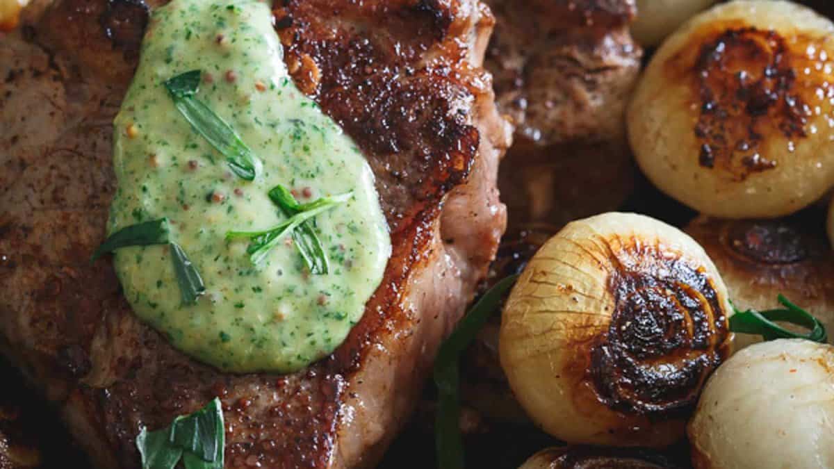 Skillet lamb chops with tarragon mustard sauce and cipollini onions.