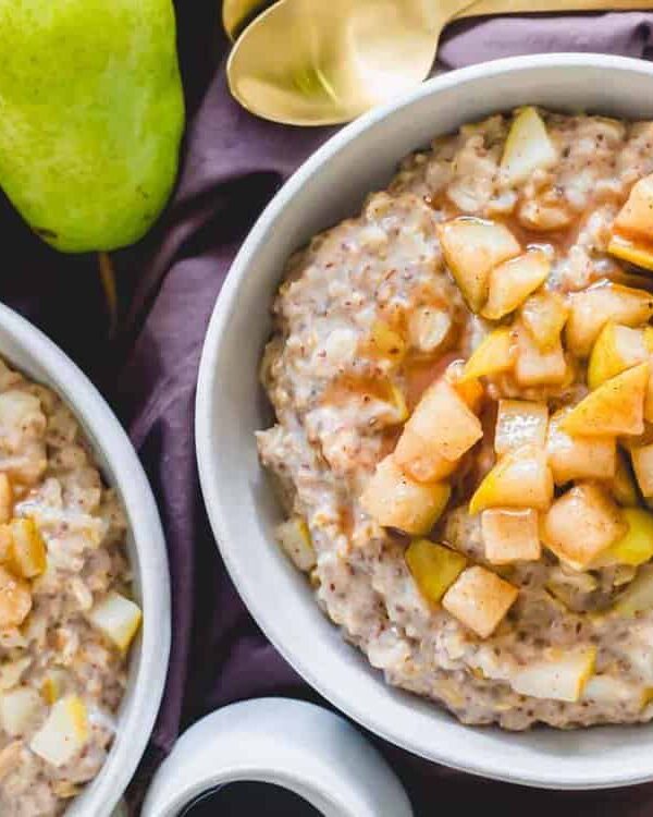 Two bowls of pear oatmeal.
