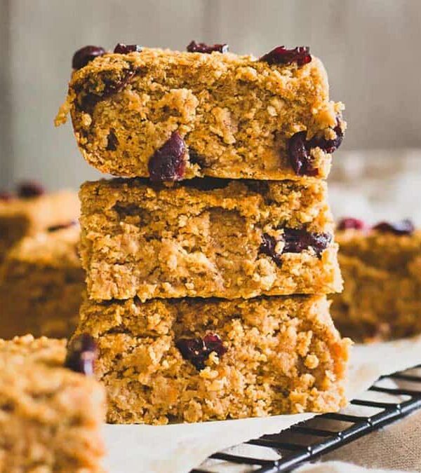 A stack of oatmeal bars with cranberries on top.