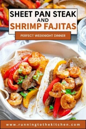 A plate of shrimp and fajitas with a text overlay.