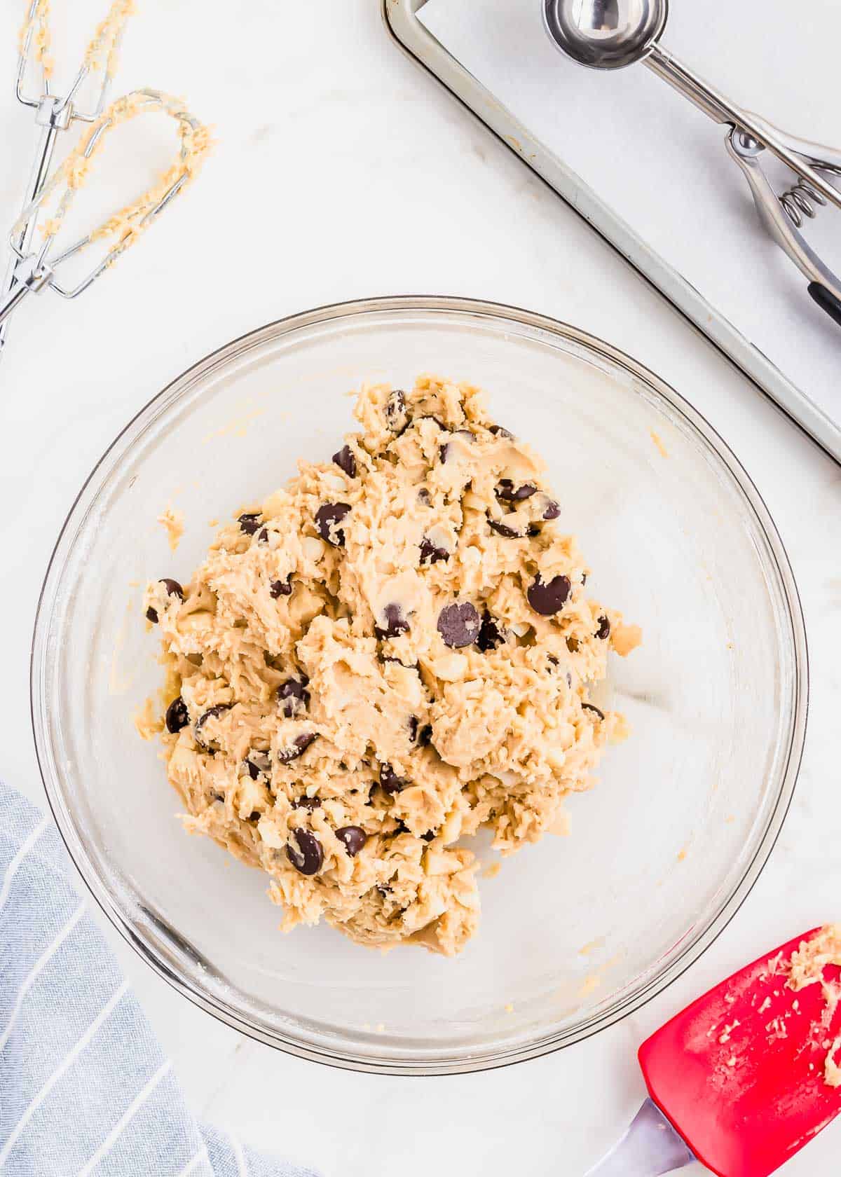 Cookie dough in a glass bowl.