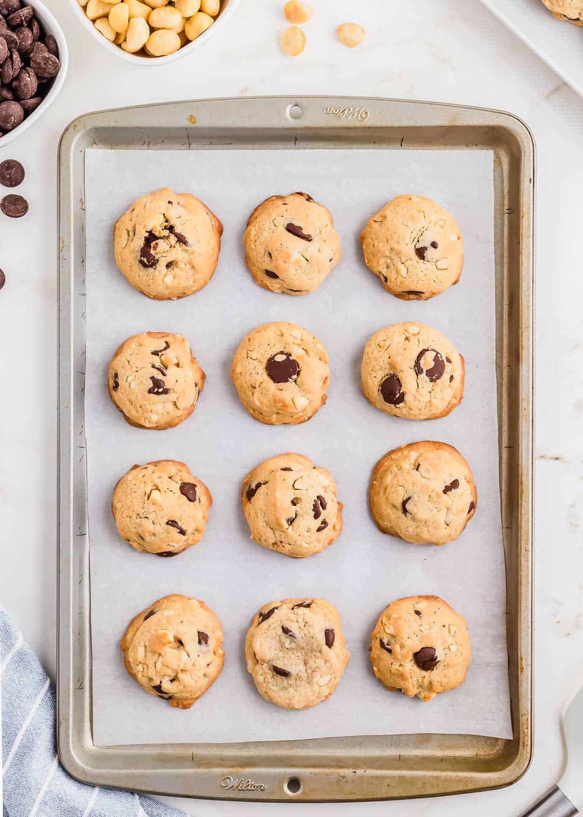 Baked chocolate chip cookies with macadamia nuts on a baking sheet.
