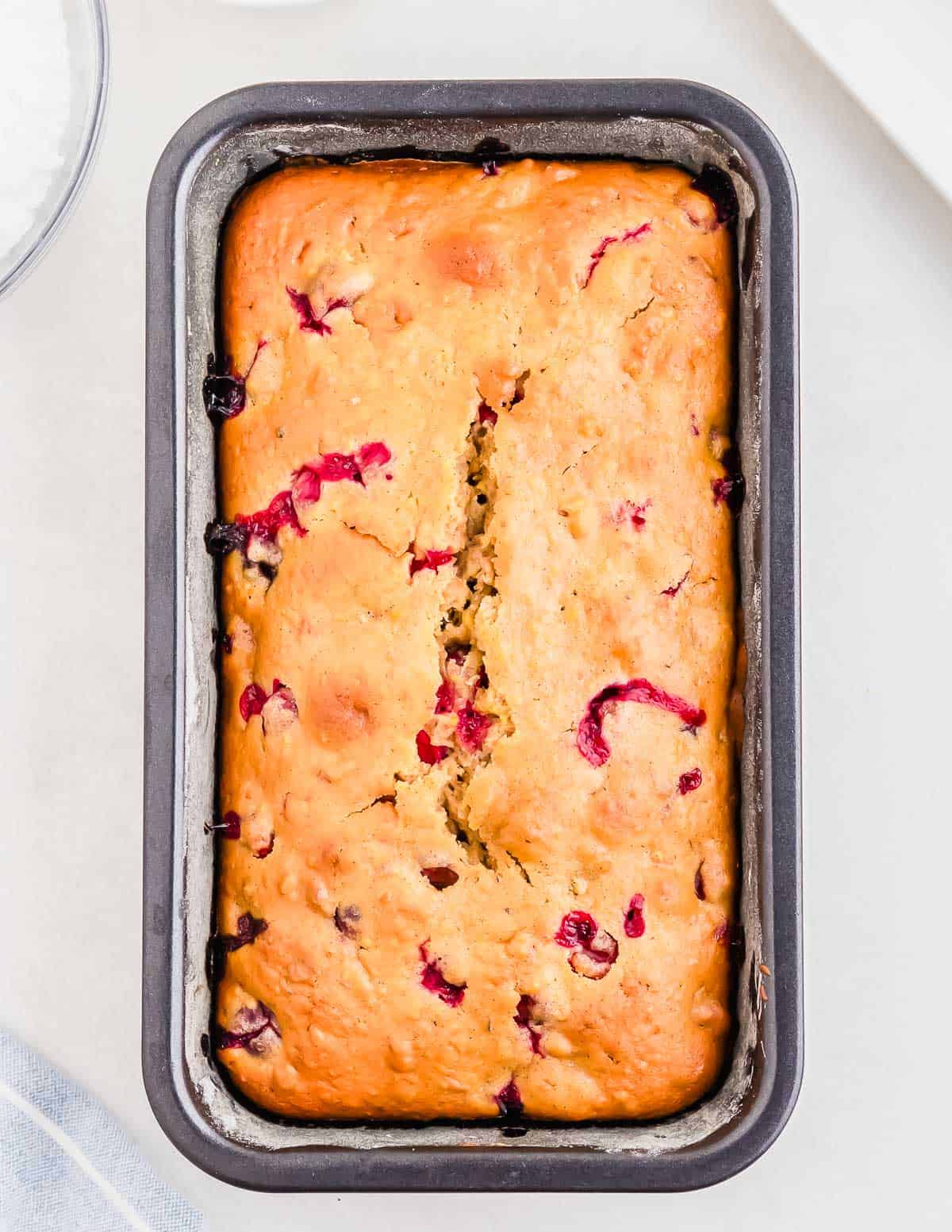 Baked cranberry orange bread in a loaf tin.