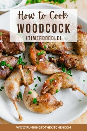 How to cook woodcock text overlay on a picture of cooked woodcock/timberdoodle bird.