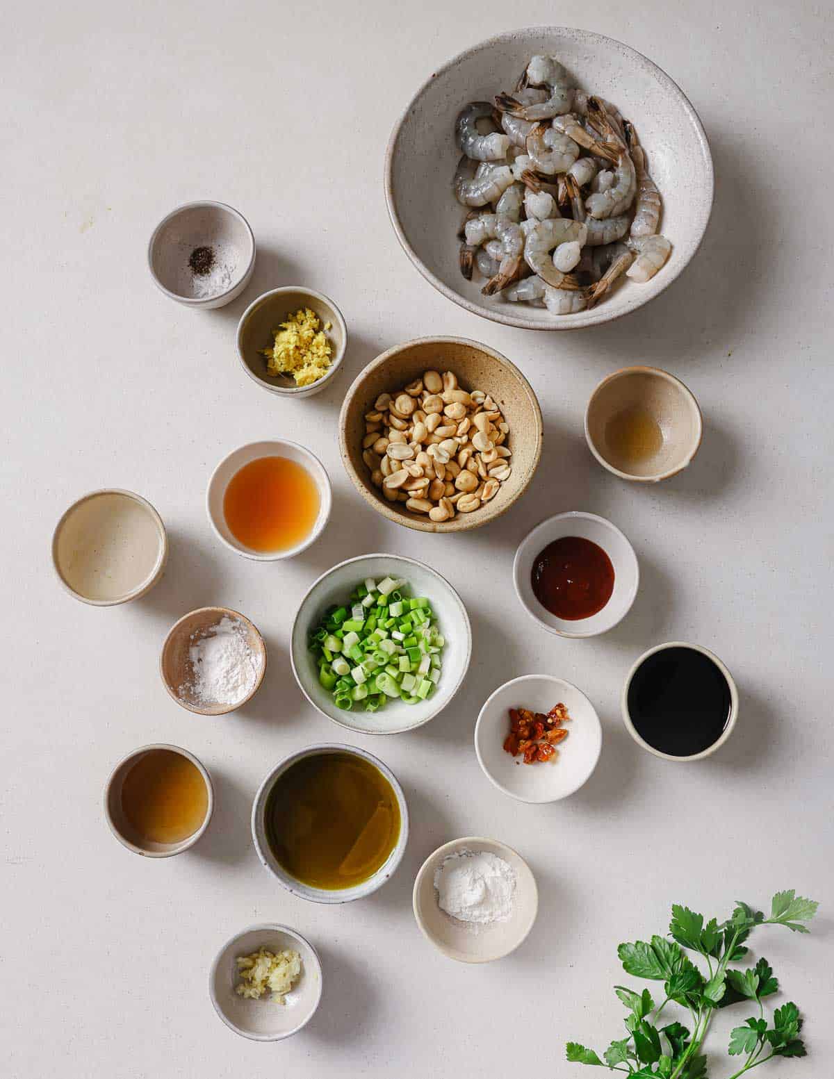 Ingredients for a Kung pao shrimp recipe.