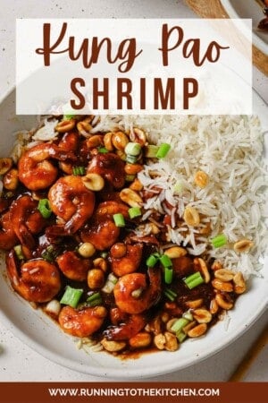 Kung pao shrimp in a white bowl with rice.