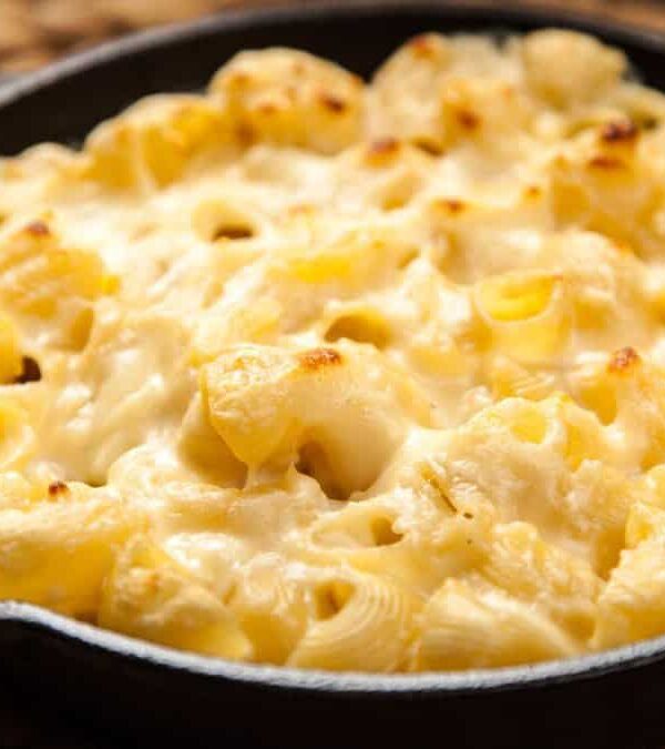 Macaroni and cheese in a skillet.