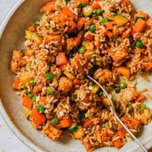 Tofu fried rice on a dish with a fork.